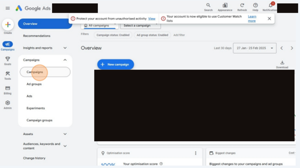 Google Ads: Click "Campaigns" - Mass Reach