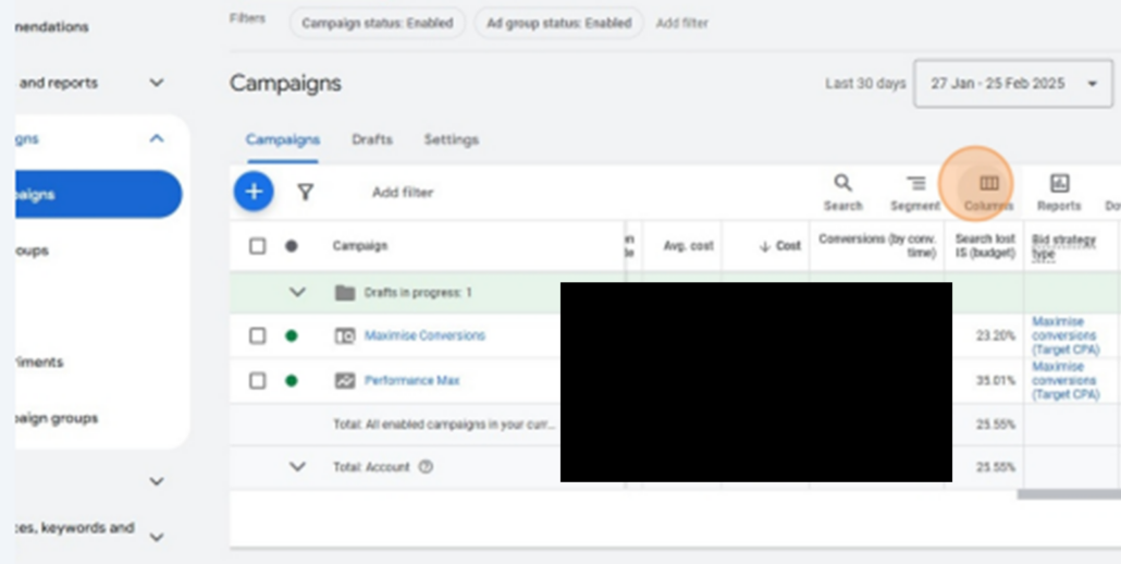 Google Ads: Step 3: Modify Columns to Display the Metric - Mass Reach