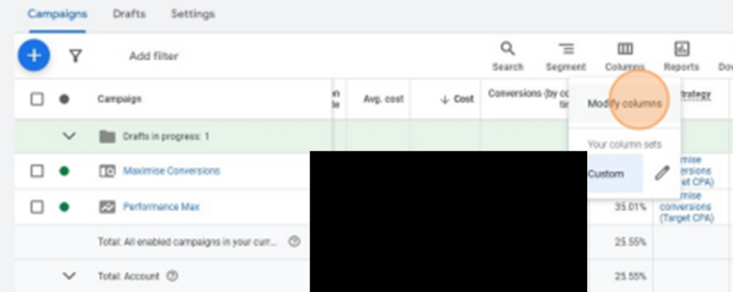 Google Ads: Select "Modify Columns" from the dropdown menu - Mass Reach